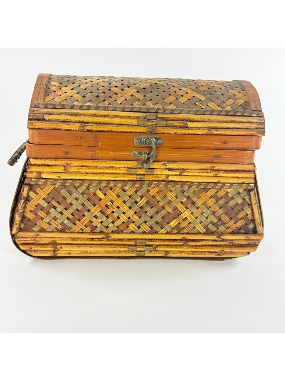 Vintage Bamboo/Rattan Wooden Treasure Chest with Latch Closure and Handles